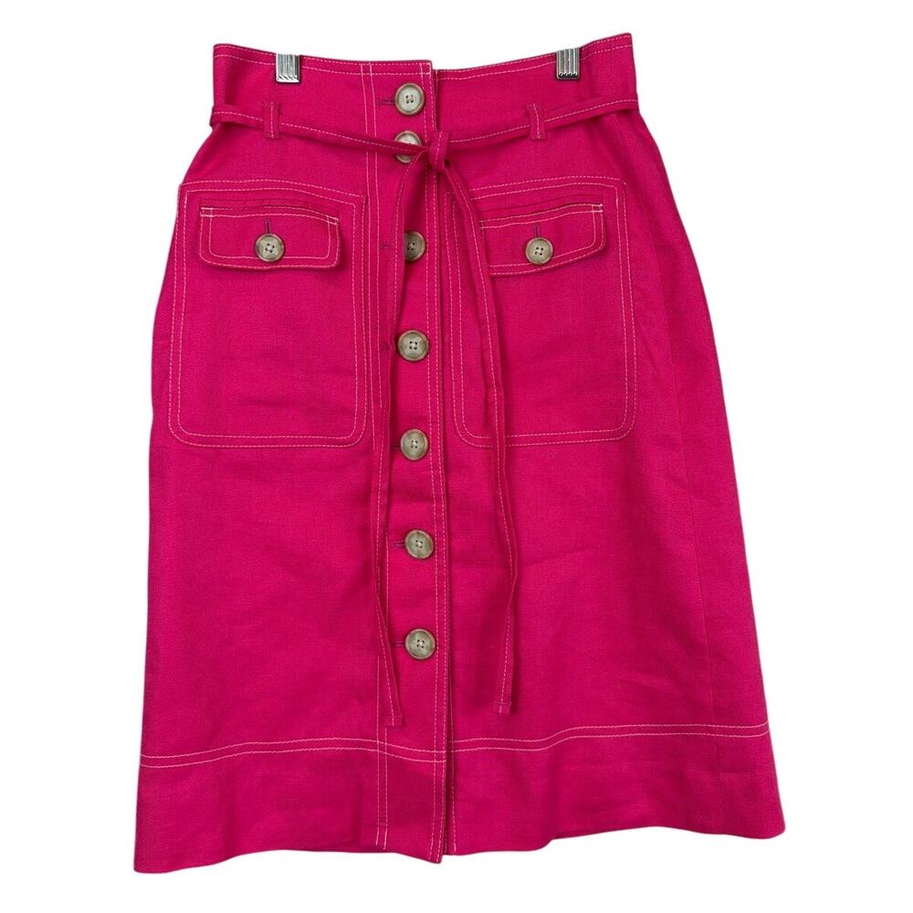 J. Crew Fuchsia Pink Linen Blend Button-Up Midi Skirt 00
